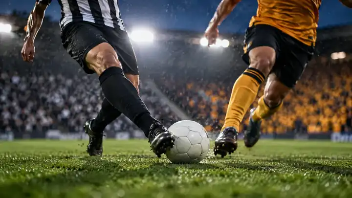 Two players, one in black-and-white stripes and one in amber, go for the ball on a wet, floodlit pitch.